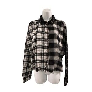 Rue 21 L/S Cropped Collared Fringe Hem Button Up Top Womens Size XL Black White